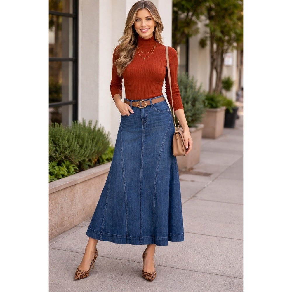 Liverpool Los Angeles Woodward Denim Maxi Skirt‎ Blue Paneled A-Line Size 12/31